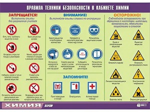 Таблица демонстрационная "Правила техники безопасности в кабинете химии" (винил 100х140) - fgospostavki.ru - Выкса